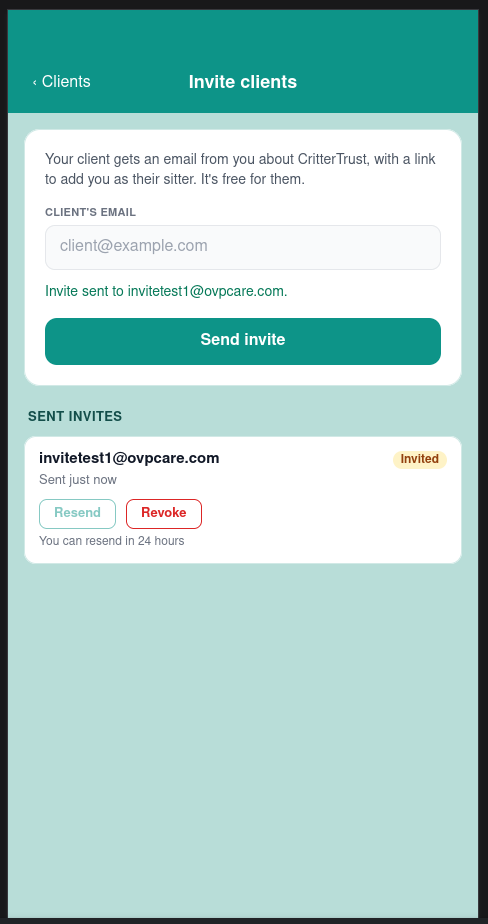 The Invite clients screen: the email field, “Invite sent to invitetest1@ovpcare.com”, the Send invite button, and the invite listed under Sent invites as Invited, with Resend and Revoke.